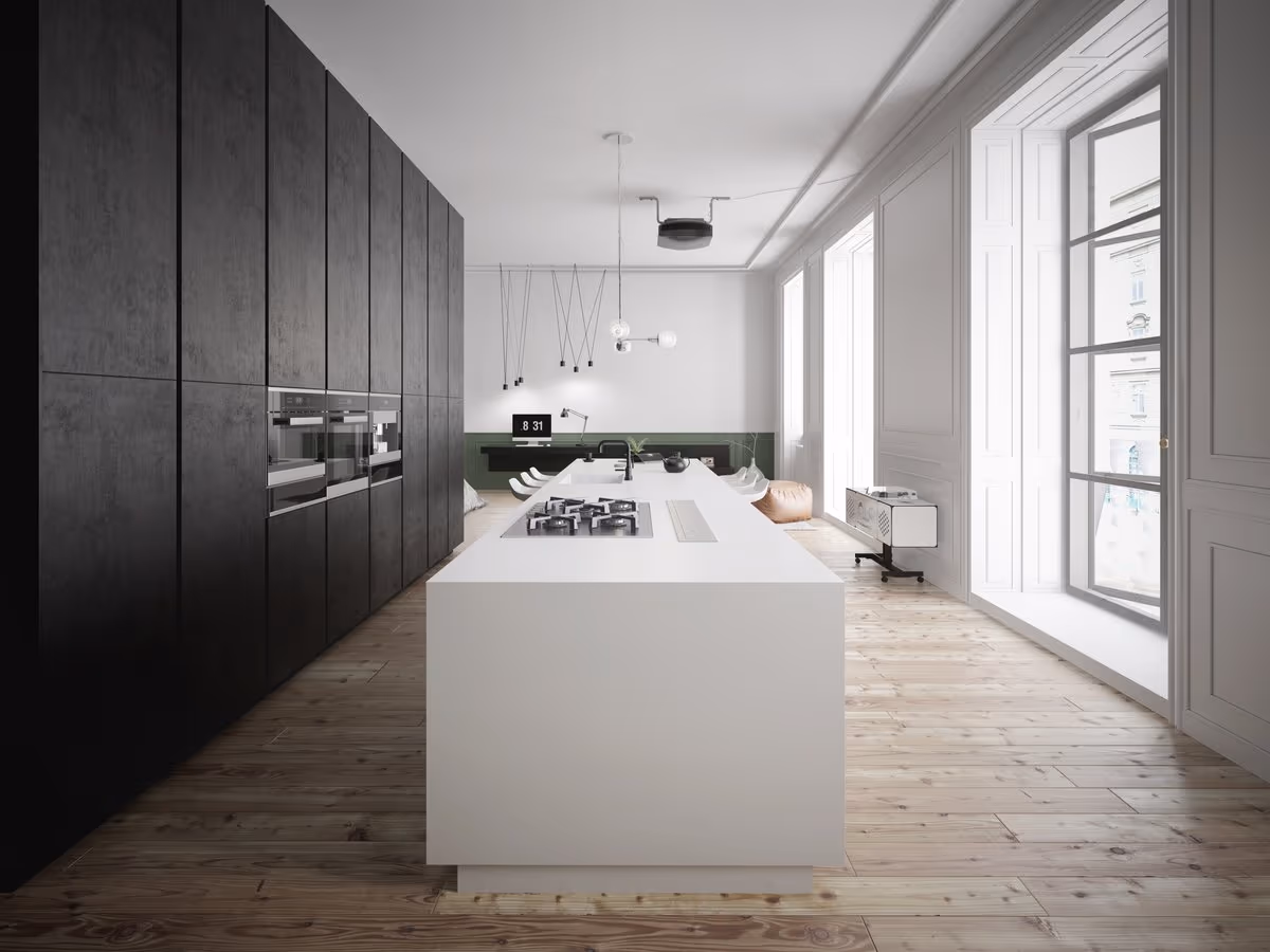 Cozinha planejada integrada à sala em projeto de alto padrão da Bentec Curitiba