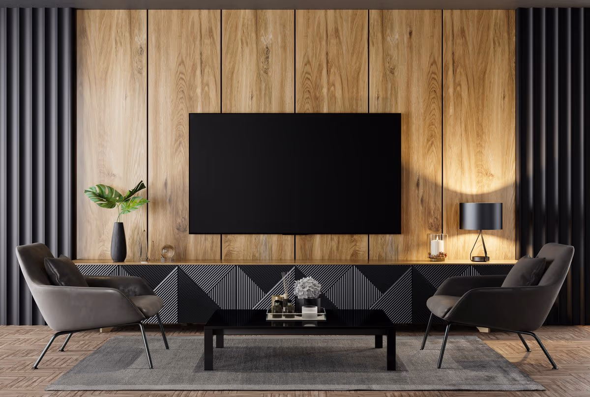 Home theater planejado com painel ripado do projeto A Propósito de Aconchego, Bentec Curitiba